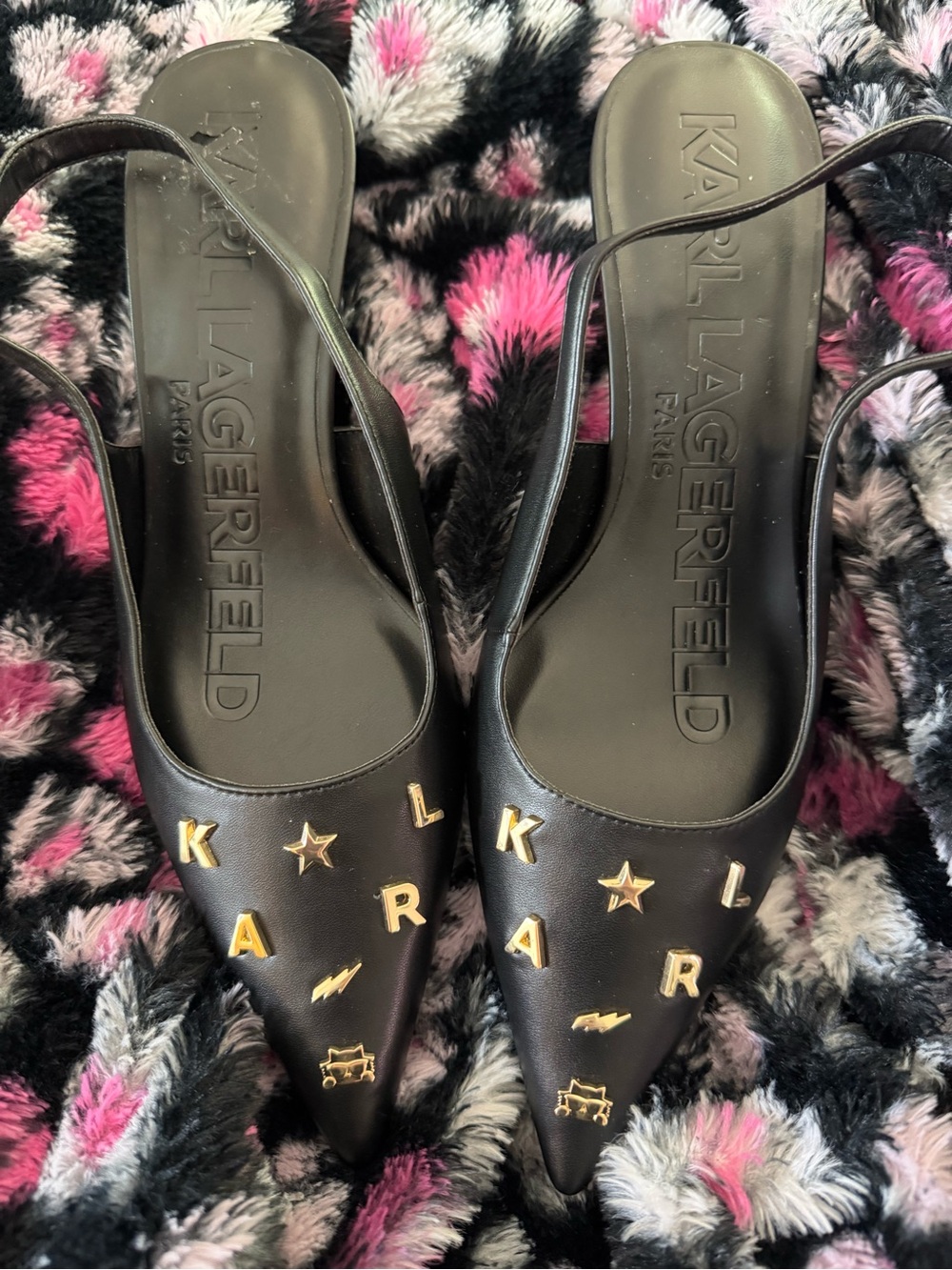 Karl Lagerfeld Black Pointed Slingback Flats with Gold Logo Charms